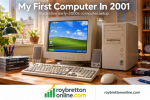 Illustrative early-2000s desktop computer setup with a beige CRT monitor, tower, keyboard and wired mouse.