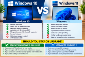 Windows 10 vs Windows 11 comparison showing whether to stay or upgrade