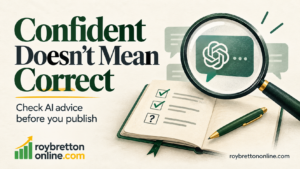 Confident Doesn’t Mean Correct, with a magnifying glass examining an AI chat bubble beside a notebook.