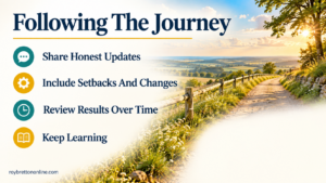 Countryside path beside reminders to share honest updates, include setbacks, review results and keep learning.