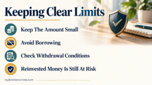Crypto checklist covering small amounts, avoiding borrowing, checking withdrawal conditions and the risks of reinvesting.