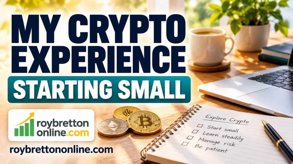 My Crypto Experience: Starting Small thumbnail with a laptop, cryptocurrency tokens, notebook and Roy Bretton Online logo.