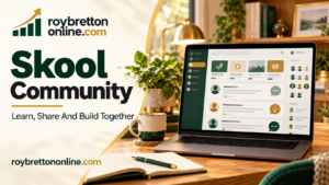 Roy Bretton Online Skool Community graphic with a laptop illustrating online learning and discussion.