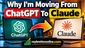 Why I’m Moving From ChatGPT To Claude, with two laptops and Roy Bretton Online branding.