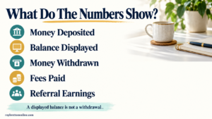 Checklist showing money deposited, balance displayed, money withdrawn, fees paid and referral earnings.