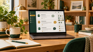 Laptop displaying an illustrated community discussion with member profiles and conversation cards.