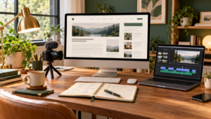 Desk with a website displayed on a monitor, a laptop showing video editing software and a camera.